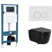 Qeramiq Dely Swirl Toiletset - inbouwreservoir Flush - 35mm zitting - natuursteen wit marmeren bedieningsplaat - ronde knoppen - mat zwart SW1026258/SW1448813/SW1000769/SW1244456