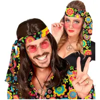 Widmann - Hippie Kostuum - So 60s Hoofdband Power Of Flower - Zwart, Multicolor - Carnavalskleding - Verkleedkleding