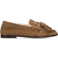 Manfield - Dames - Cognac suède loafers met voering - Maat 38
