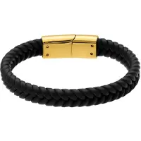 Lucardi - Kinder Zwart leren kinderarmband met stainless steel goldplated sluiting - Armband - Staal - Goudkleurig - 15 cm