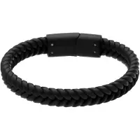 Lucardi - Kinder Zwart leren kinderarmband met stainless steel blackplated sluiting - Armband - Staal - Zwart - 15 cm