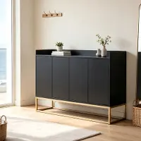 Rosahqnda Dressoir 4 deuren met gouden metalen onderstel - 120 × 30 × 80 cm - Modern Opbergkast voor Keuken, Woonkamer en Hal - Zwart