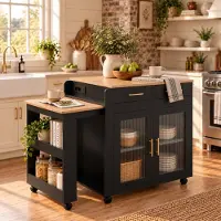 STILVORA Keukeneiland - Uittrekbare Tafel Met Opbergruimte En Stopcontacten - Voor Keuken En Eethoek - Spaanplaat - 177x60x89,5 Cm - Zwart