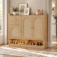 MODFU - Schoenenkast - 3 Deuren En 2 Lades - LED-Verlichting - MDF - Naturel - 120x35x100 Cm