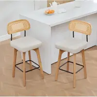 MODFU Set van 2 barkrukken, 360° draaibaar, met rieten rugleuning. Draaibare stoelen met beklede chenille zitting. Keukenstoelen/eetkamerstoelen met voetsteun, beige kleur
