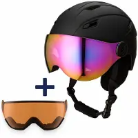 GOOFF Speed Skihelm met Vizier en Extra Mistvizier - 3-in-1 met Afneembare Oorstukken - Dames en Heren - Snowboard Helm - Roze-Paars & Oranje - Maat S