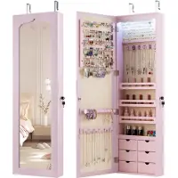 Costway sieradenkast met LED-verlichting, 6 laden en spiegel, spiegelkast hangend, hangkast voor deur en wandmontage, afsluitbaar (Roze)