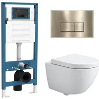 Qeramiq Dely Swirl Compact Toiletset - inbouwreservoir flush - 25mm zitting - metalen bedieningsplaat messing geborsteld (goud) - rechthoekige knoppen - mat wit