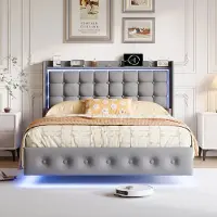 Rosahqnda Gestoffeerd bed 140x200cm met ledverlichting en usb-oplaadpoort, gewatteerd hoofdbord en lattenbodem, zwevend visueel effect, fluweel, donkergrijs, exclusief matras