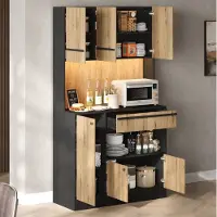 STILVORA Keukenkast - Voorraadkast Met RGB-Ledverlichting En 2 Lades - Voor Keuken, Woonkamer En Eetkamer - MDF - 100x40x180 Cm - Naturel Zwart