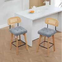 MODFU Set van 2 barkrukken, 360° draaibaar met rotan rugleuning, draaibare stoelen met beklede chenille zitting, keukenstoelen/eetkamerstoelen met voetsteun, grijs