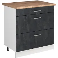 Vicco Keukenonderkast R-Line Zwart beton/Wit 80 cm met 3 laden goudkleurig eiken werkblad, Model 72357