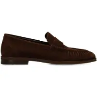 Manfield Donkerbruine suède loafers met gestikte neus | Maat 40