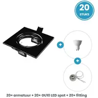 Tsong GU10 inbouwspots compleet - 20 stuks - vierkant zwart - LED 5W 465lm daglichtwit 6000K - incl. fittingen - 230V