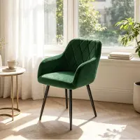 MODFU - Eetkamerstoel Met Armleuningen - Gewatteerde Velvet Zitting - Design - Metaal - Donkergroen