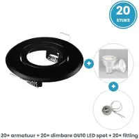 Tsong GU10 inbouwspots compleet - 20 stuks - rond zwart - LED 5W 400lm dimbaar daglichtwit 6000K - incl. fittingen - 230V
