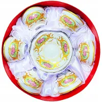 Kesi Porseleinen Koffieset 6x Mok met Schotel, Gouden Rand, Bloemendecor, 260ml