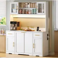 MODFU Hoge keukenkast met LED-vitrine, hoge kast met werkblad en 2 lades, dubbele servieskast, opbergkast met uitschuifbaar compartiment, wit, 140x40x173 cm