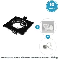 Tsong GU10 inbouwspots compleet - 10 stuks - vierkant zwart - LED 5W 400lm dimbaar daglichtwit 6000K - incl. fittingen - 230V