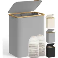 Songmics LCB513G01 Wasmand met Deksel, Wasmand met 2 Compartimenten, 130 L, Afneembare Waszak, Oxford Stof, Bamboe Handgrepen, Opvouwbaar, 52 x 38,5 x 70,5 cm, Duif Grijs
