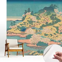 Wallfluent Zelfklevend Fotobehang - Blauw Vliesbehang - 250x250 cm - Japans Landschap Behang Zonder Lijm - Slaapkamer behang Landschappen - Luchtbelvrij Behang - Polyester Behang