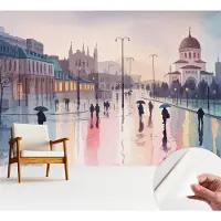 Wallfluent Zelfklevend Fotobehang - Blauw Vliesbehang - 312x219 cm - Een Regenachtige Wandeling Behang Zonder Lijm - Slaapkamer behang Steden - Makkelijk Aan Te Brengen Behang - Bubble Free Behang