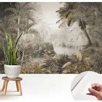 Wallfluent Zelfklevend Fotobehang - Grijs Vliesbehang - 208x146 cm - Tropisch Bos Fotobehang - Woonkamer behang Bloemen En Planten - Behang Zonder Lijm - Scheurbestendig Behang