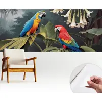 Wallfluent Zelfklevend Fotobehang - Zwart Vliesbehang - 250x104 cm - Kleurrijke Papegaaien Fotobehang - Hal behang Dieren - Bubble Free Behang - Makkelijk Aan Te Brengen Behang