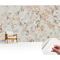 Wallfluent Zelfklevend Fotobehang - Grijs Vliesbehang - 416x254 cm - Romantisch Patroon Fotobehang - Woonkamer behang Bloemen En Planten - Behang Zonder Lijm - Scheurbestendig Behang