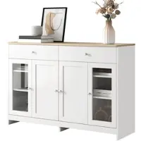 OKWISH Buffetkast – Dressoir Met Houtkleurig Bovenblad – 120×37×80 cm – 4 Deuren – 2 Laden – Verstelbare Legplanken – Wit+Houtkleur – MDF – Zilveren Grepen