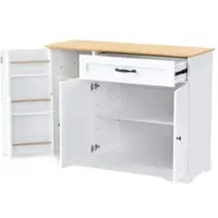 OKWISH Dressoir – 3 deuren 1 lade – Verstelbare planken en flessenrek – Voor hal/woonkamer/eetkamer – Modern Scandinavisch – MDF Wit+Naturel – Zwarte grepen