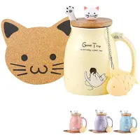Famanu – Keramische theekop met infuus en deksel, schattig kattenontwerp, 250 ml, perfect voor thee en koffie