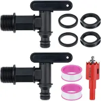 Famanu - Kraan kunststof tank - Ideaal voor regenton en tuinslang - Waterdichte band en gatopener - Zwart 2 stuks