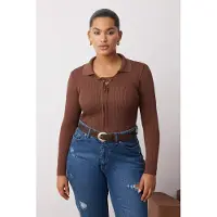 Trendyol Dames Bruin Effen Lang Getailleerd Grote maten Blouses