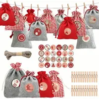 Famanu – Stoffen adventskalender, 24 zakjes van katoen, met klemmen, 2 maten