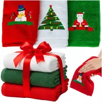 Ruhhy kersthanddoeken set – 3 katoenen handdoeken rood, groen en wit met geborduurde details