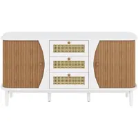 OKWISH Dressoir – 3 Rotan Lades – Verstelbare Planken – Rustieke Moderne Stijl Met Houten Deuren – MDF Wit+Bruin – 140,5×40×76 cm