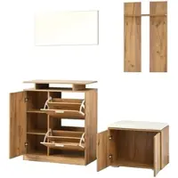 OKWISH Garderobeset Voor Hal Met Schoenenkast En Zitbank Met Spiegel En 4 Haken 140×35×133 cm Spaanplaat Naturel
