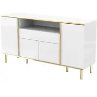 OKWISH Dressoir – Hoogglans – 4 Deuren – 1 Lade – Met LED-verlichting – Elegante Stijl Met Goudaccenten – MDF Wit – 150x40x80 cm