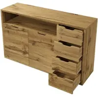 OKWISH Dressoir Kommode – 150×40×90 Cm – 2 Deuren 4 Lades Open Vak – Verstelbare Legplanken Softclose – MDF Eikenlook Metaal