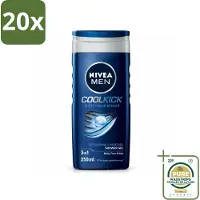 Nivea 20 x MEN - Douchegel - Cool Kick - 250 ml - Wasstrips - Douchegel Mannen - Frisheid Onder De Douche - Verkoelend Effect - 2-in-1 Douchegel En Shampoo - Ijsblauwe Gel