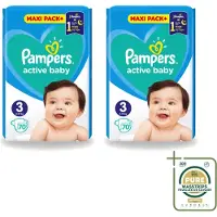 Pampers 2 x – Luiers – Active Baby Maat 3 – 70 Luiers - Wasstrips - Baby-luiers - Droge Billetjes - Huidbescherming - Luchtdoorlatende Luiers - Absorberende Luiers