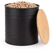 Casabel Ronde Pellet- & Houtkorrelbak, Cap. 15kg, Zwart Metaal, Bamboedeksel, Compact en stijlvol, voor Kachel