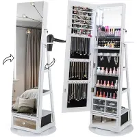 Costway Sieradenkast 360° draaibaar, spiegelkast met full-body spiegel, led-lampen & lade & haardrogerhouder, sieradenrek afsluitbaar, staande spiegel voor sieraden (wit)