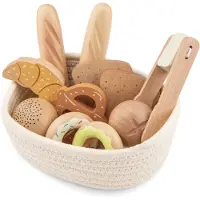 Woet Houten Broodmandje Speelset - Diverse Broodjes & Gebak in Mandje met Tang - Rollenspel Bakkerswinkel - Speelgoedkeuken Accessoires voor Kinderen - Vanaf 2 Jaar