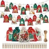 Famanu – Zelf te vullen adventskalender, 24 stoffen zakjes, met houten klemmen en henneptouw