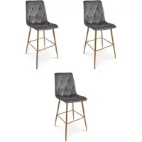 Leobert LIBRA Barkrukken – Set van 3 – Donkergrijs Velvet – Eikenkleurige Metalen Poten – Met Rugleuning – Met Voetsteun – Modern Design – Voor Keukeneiland, Bar en Keuken