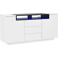 OKWISH Dressoir – Sideboard 140x40x68 cm – 2 L-vormige Deuren – 3 Lades + 2 Halfoffene Vakken – Verstelbare Planken – Hoogglans Wit+Zwart – LED App