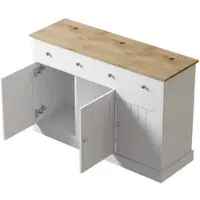 OKWISH Dressoir - Reliëf Deuren - Woonkamer En Eetkamer - Spaanplaat Wit Met Houtkleur - 120x36x80,5 Cm - 3 Deuren 2 Lades