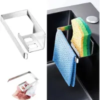 Markenlos – Sponshouder keuken, zelfklevende spoeldoekhouder, keukenorganizer, vaatdoekhouder, roestvrij spoelsponshouder, keukenafvoerrek, gootsteen caddy (Zilver)